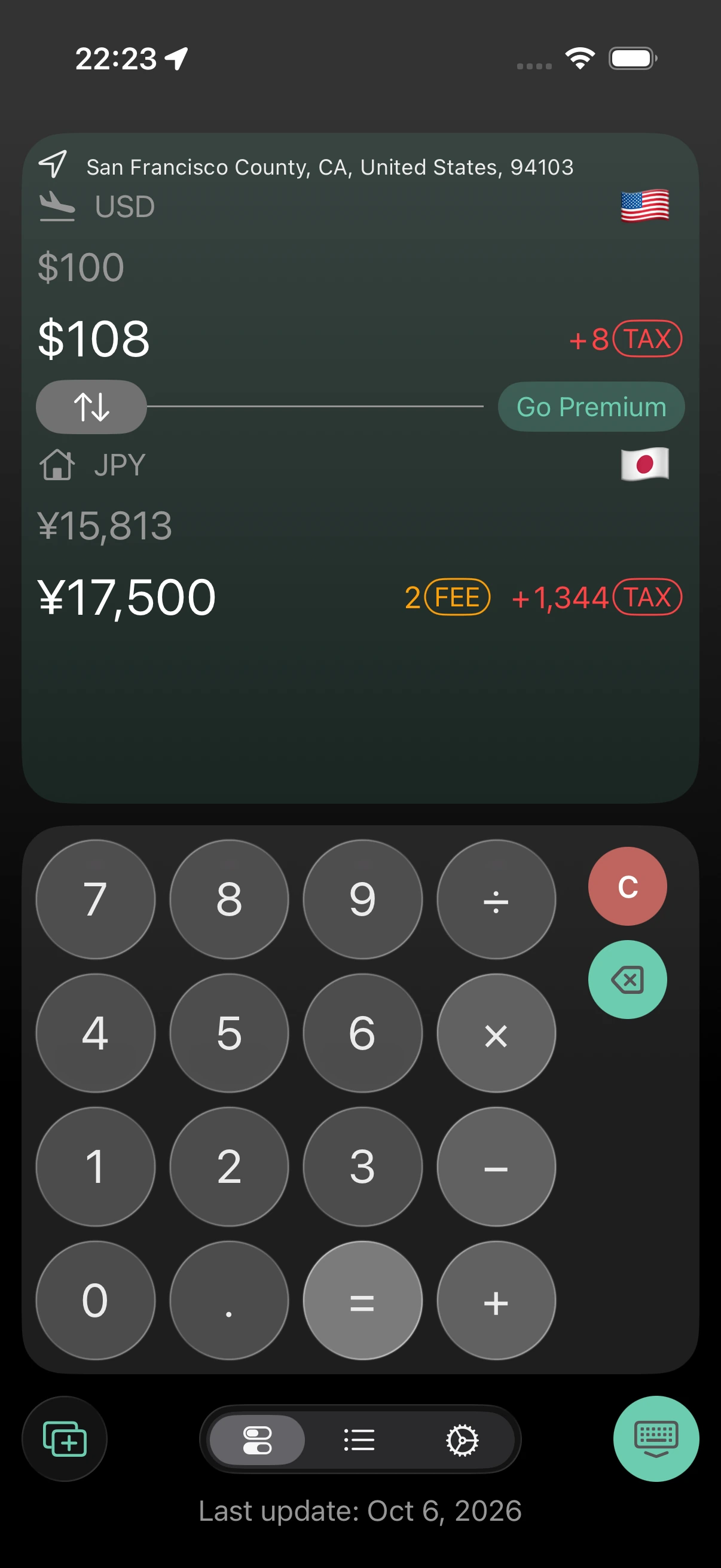 Smarter Currency on iPhone, converting US dollars to Japanese yen with local tax and a calculator