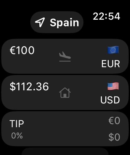 Smarter Currency on Apple Watch, converting euros in Spain to US dollars
